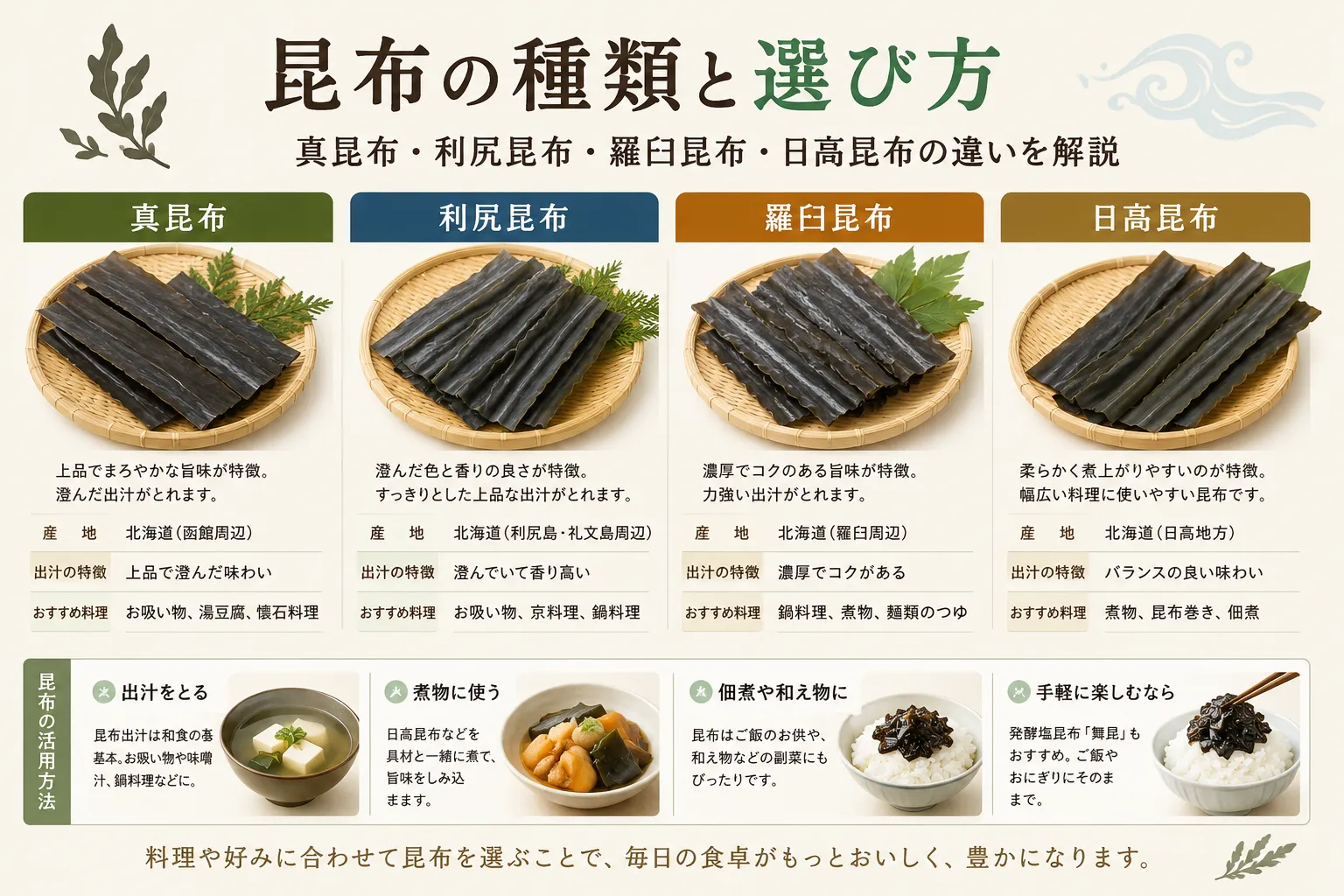 昆布の種類と選び方｜真昆布・利尻昆布・羅臼昆布・日高昆布の違いを解説